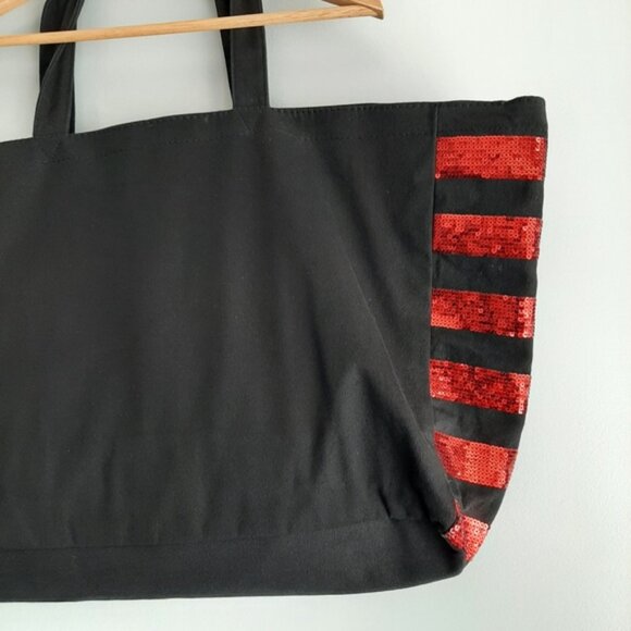 VICTORIA SECRET Canvas Red Sequin Lips Weekender Travel Shopper Tote Bag Black - Picture 10 of 13